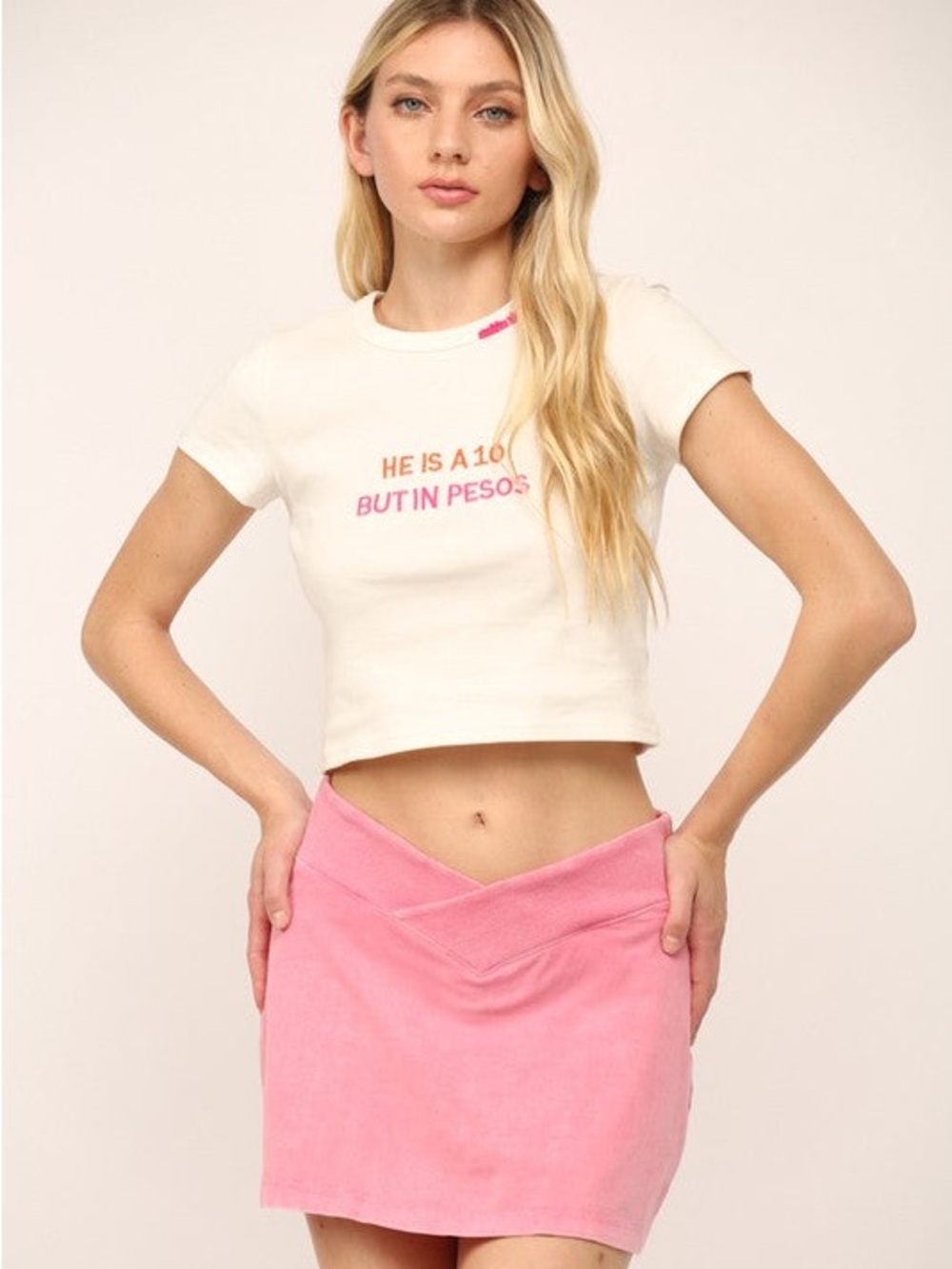 White Tee Crop Top with Pink & Orange Embroidery - 'He Is A 10 But In Pesos'